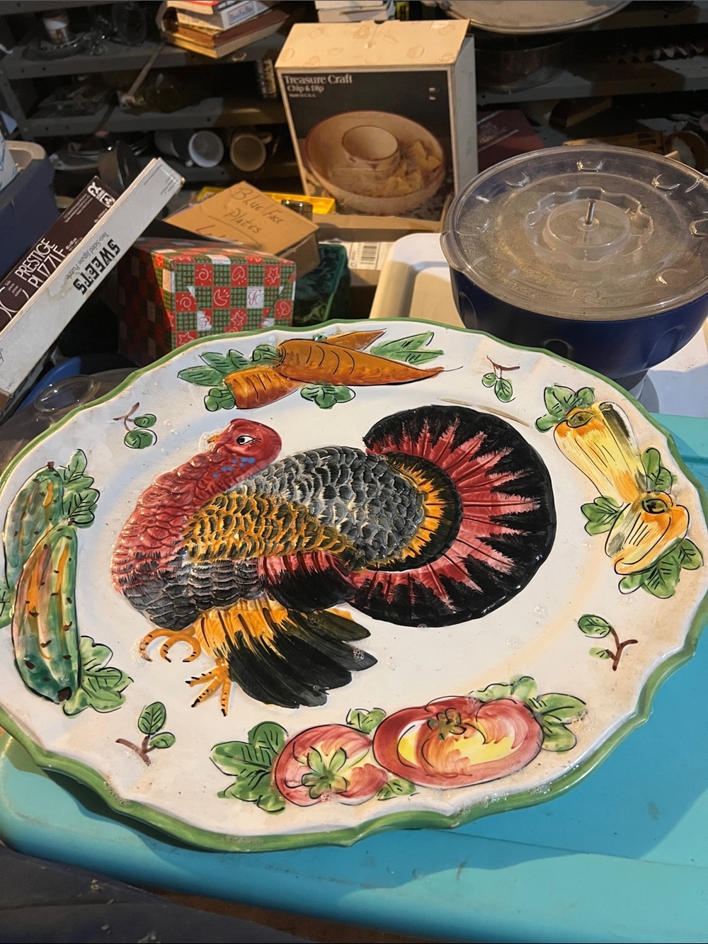 Retro Handpainted Ceramic Turkey Platter - Colorful Farmhouse Decor